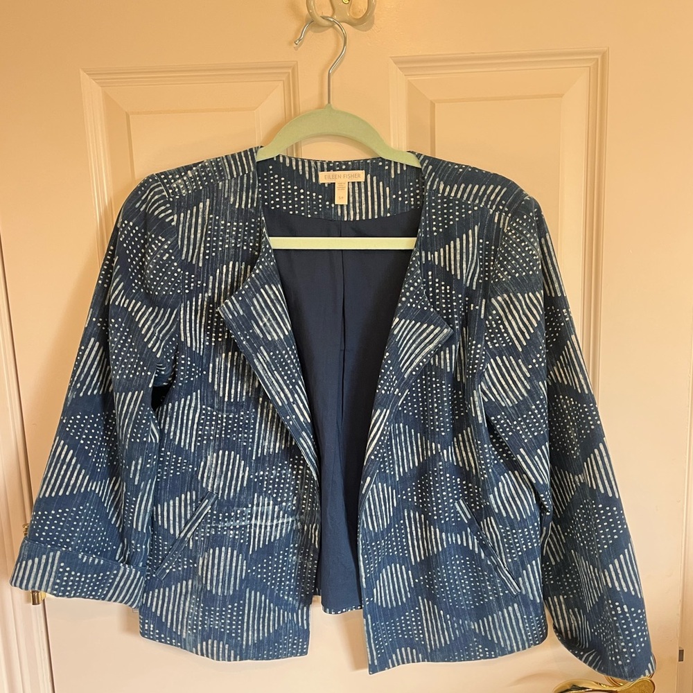 Eileen Fisher Navy Geometric Patterned Blazer